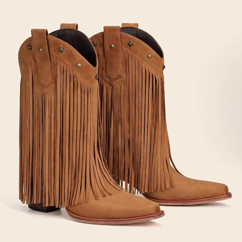 Women's Brown Suede Mid Calf Cowgirl Boots With Star Studded Pointed Toe - Picture 6 of 6